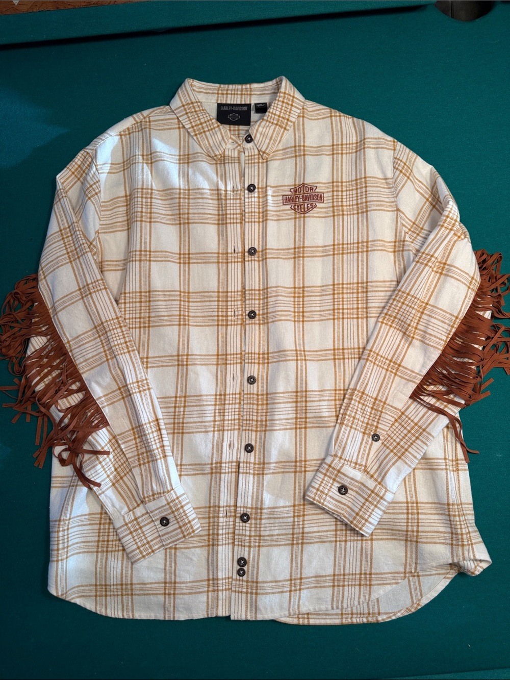 Harley-Davidson Cream & Tan Plaid Button-Up with Fringe Sleeves